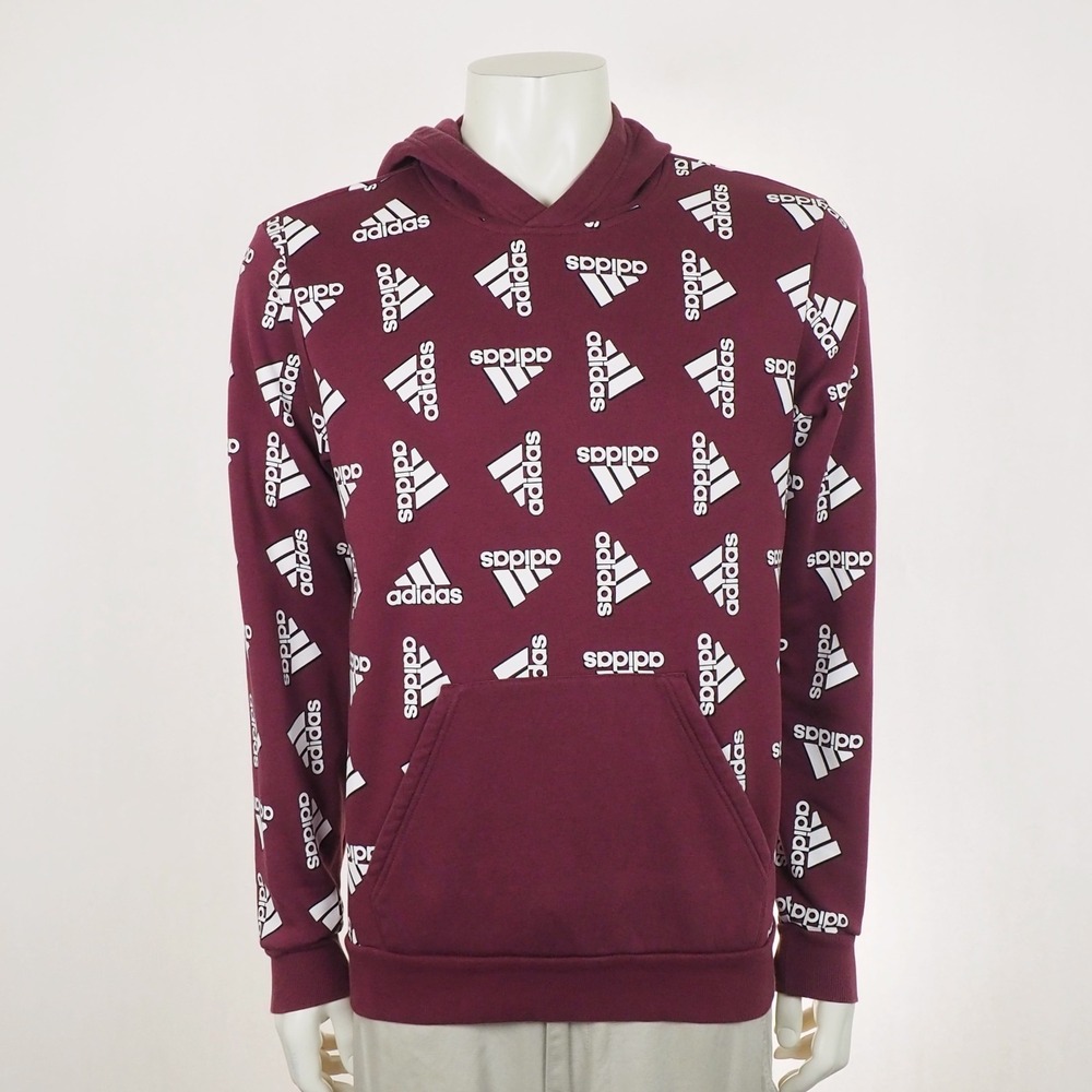 Adidas All Over Print Logo Fleece Pullover Hoodie Mens Medium Dark Red Hooded